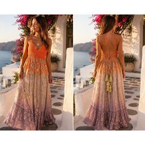 Miss June Paris OS Maxi Dress‎ Lilac Peach Boho Crochet Metallic Ombre Tassels